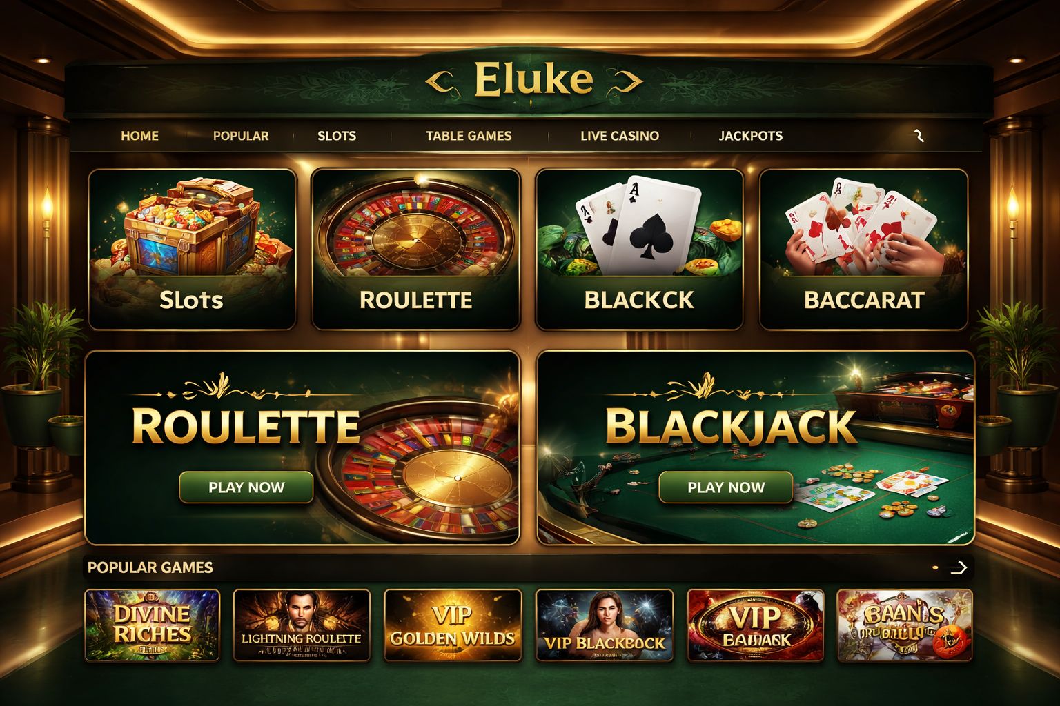 Plataforma en línea de Eluke Casino con categorías de casino y juegos en vivo