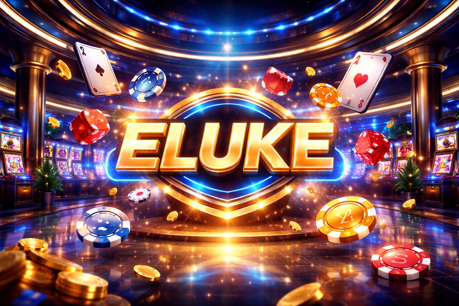 Escena brillante del lobby de juegos Eluke con cartas, fichas, dados y iconos digitales de tragamonedas en un ambiente moderno de casino.