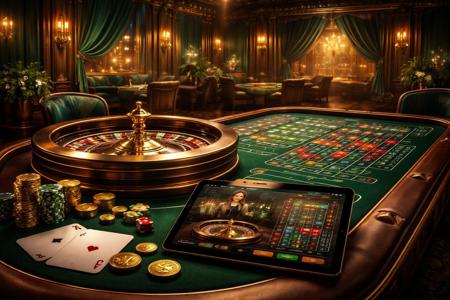 Configuración moderna de crupier en vivo con rueda de ruleta, cartas e interfaz de jugador mostrada en una tableta en un estudio elegante.