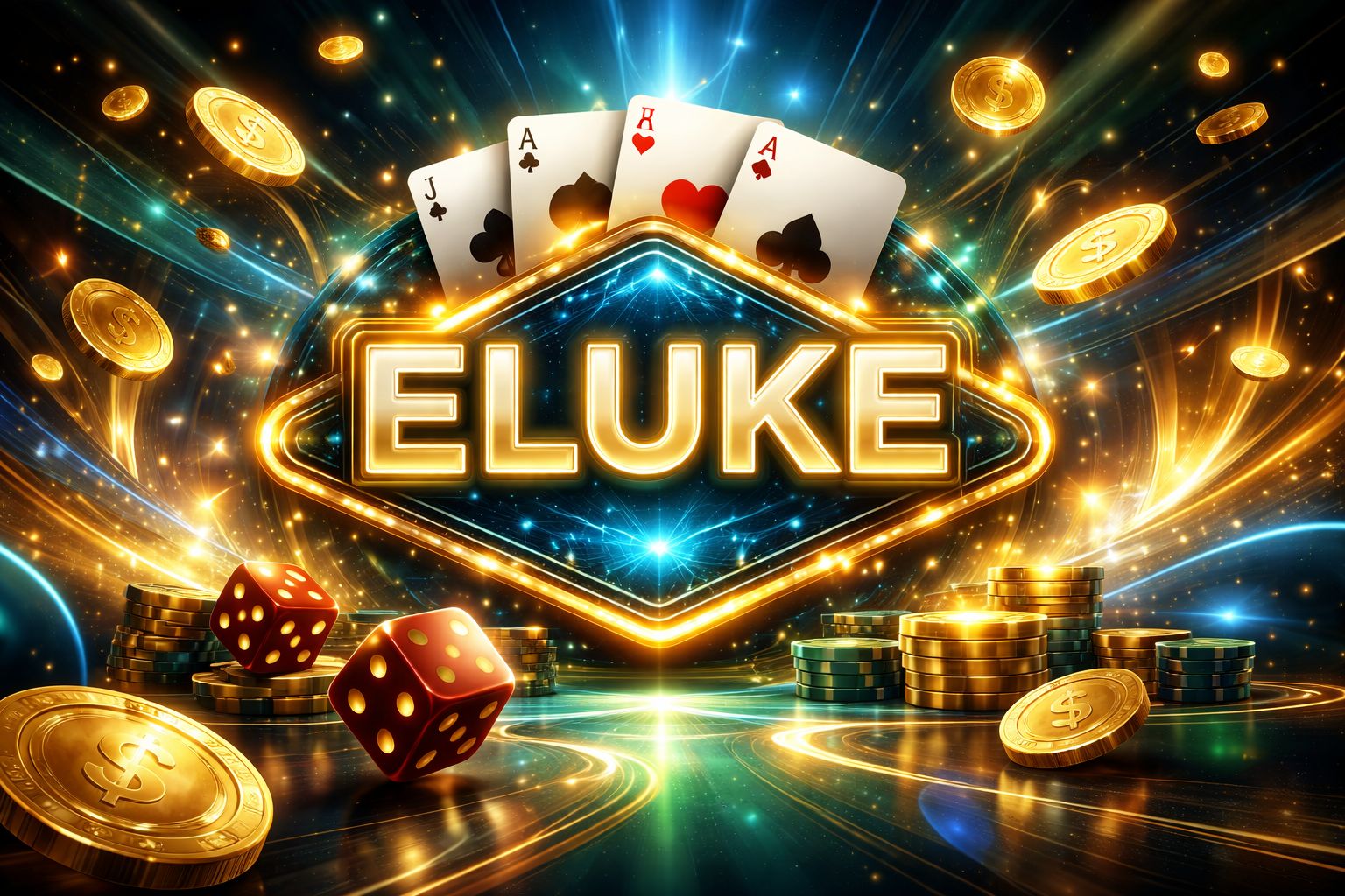 Una vibrante escena digital de juegos con Eluke mostrado como un letrero brillante sobre elementos estilo casino, monedas, cartas y luces dinámicas.