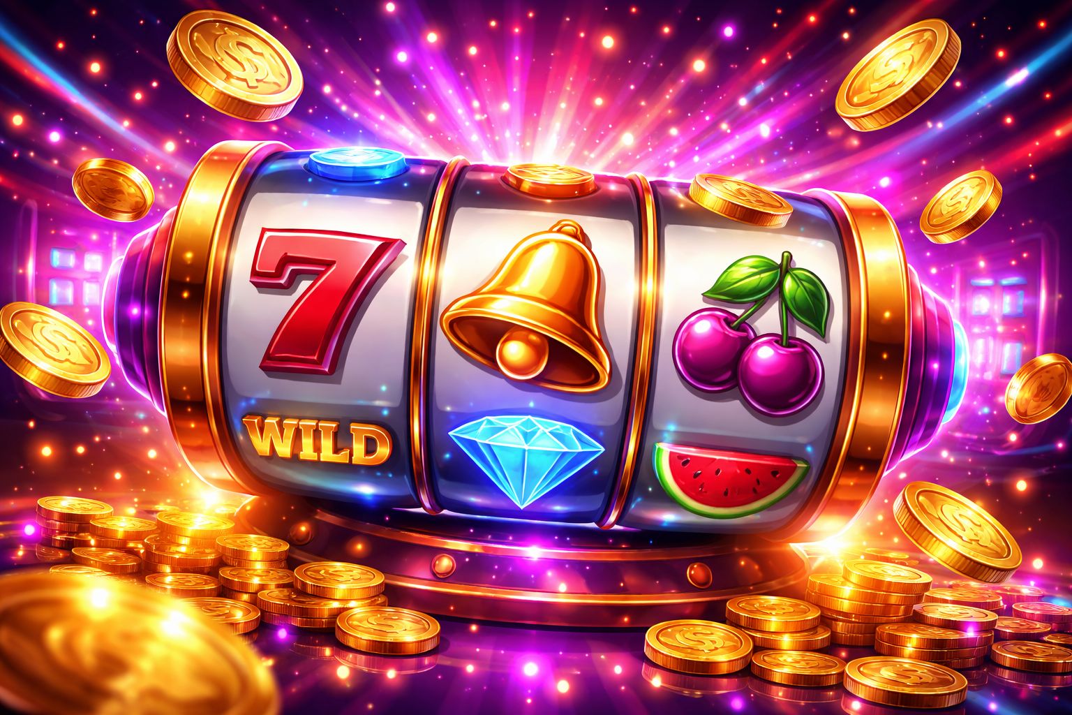 Una pantalla colorida estilo tragamonedas en la plataforma Eluke con símbolos brillantes, monedas y efectos de celebración.